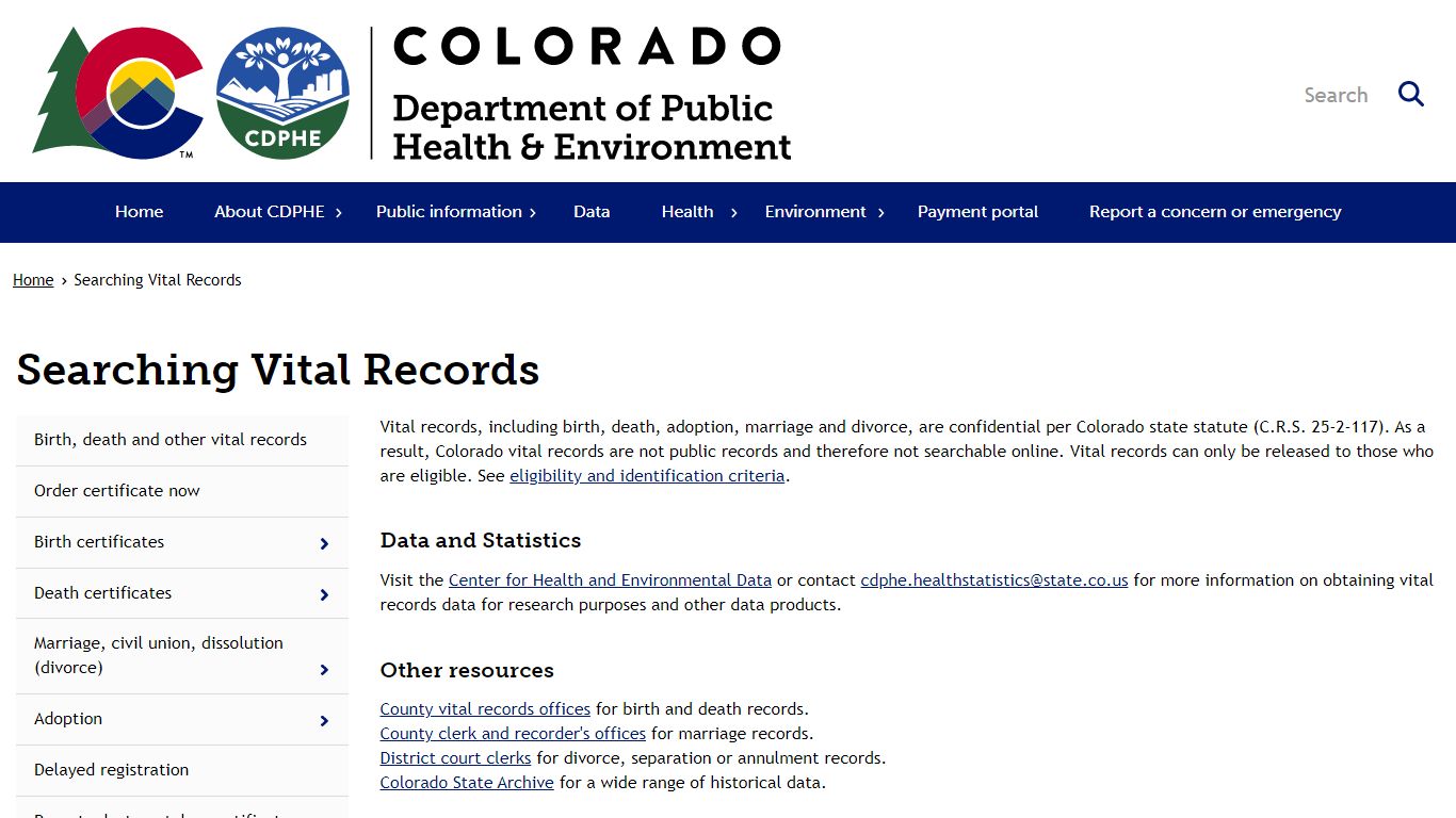 Searching Vital Records | Department of Public Health & Environment