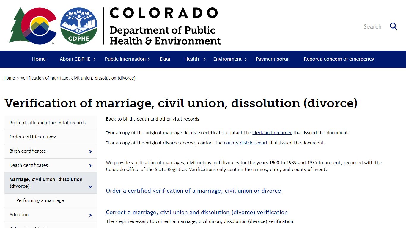 Verification of marriage, civil union, dissolution (divorce)